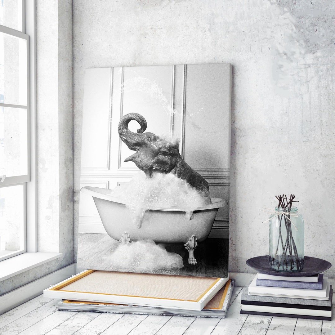 Elephant Taking A Bubble Bath in the Bathtub | Canvas Wall Art | Iconic ...