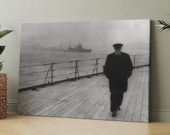 Winston Churchill On Ship Deck | Canvas Wall Art Print | Iconic Posters Prints Paintings Photos Home Decor