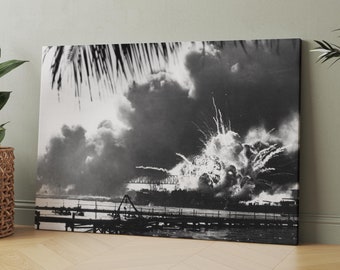 USS Shaw Exploding At Pearl Harbor 1941 | Canvas Wall Art Print | Iconic Posters Prints Paintings Photos Home Decor