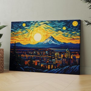 Portland Oregon as Van Gogh Starry Night City Skyline Canvas Wall Art Print | Iconic Posters Prints Paintings Photos Home Decor