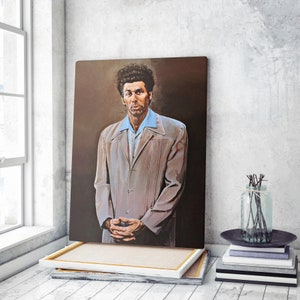 May include: A painting of a man with brown hair and a mustache wearing a light brown suit jacket over a light blue shirt. The background is a dark brown color.