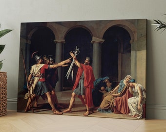 May include: A painting depicting a dramatic scene with a group of people in a room. A man in red robes holds two swords aloft, while others look on in fear. The scene is set in a grand hall with columns and arches.