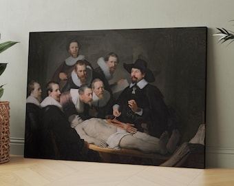 May include: A group of men in 17th-century clothing gather around a table, observing a dissected body. One man, wearing a black hat, points to the body with a scalpel. The scene is painted in a dark, dramatic style, with the figures illuminated by a single light source.