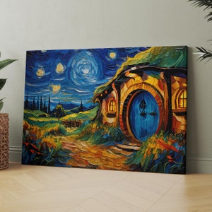 May include: A painting of a hobbit house with a blue door, set against a starry night sky. The house is made of stone and has a thatched roof. The sky is a swirling blue and green, with white stars scattered across it.