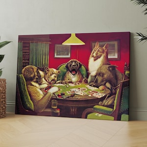 May include: A painting of five dogs playing cards around a table. The dogs are wearing collars and are sitting in chairs. The table is covered in a green felt cloth and has a deck of cards, chips, and drinks on it. The painting is set in a room with a red wall and a wooden floor.