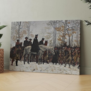 May include: A painting depicting a group of soldiers in a snowy forest. The soldiers are dressed in military uniforms and are carrying muskets. Some of the soldiers are on horseback, while others are on foot. The painting is set in a winter scene, with snow covering the ground and trees.