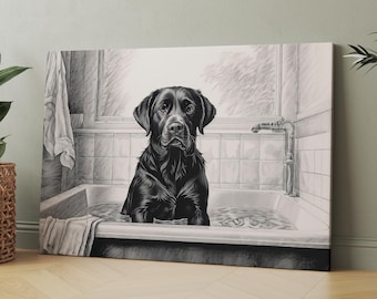 May include: A black Labrador Retriever sits in a white bathtub filled with water. The dog is looking directly at the viewer. The bathroom is tiled in white and has a window in the background.