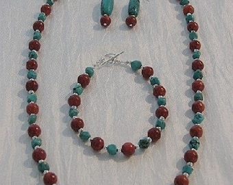 Coral, Turquoise Necklace, Bracelet, Earrings