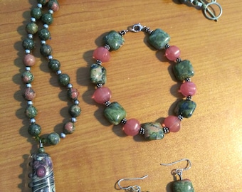 Unakite Necklace, Bracelet and Earrings Set (handmade one of a kind)