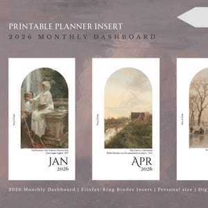 May include: Printable planner insert featuring a 2026 monthly dashboard. The design includes three arched panels with vintage artwork for January, April, and August. The personal size is 95mm x 171mm. Digital download.