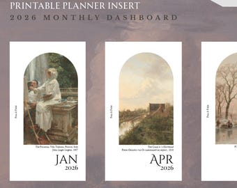 May include: Printable planner insert featuring a 2026 monthly dashboard. The design includes three arched panels with vintage artwork for January, April, and August. The personal size is 95mm x 171mm. Digital download.