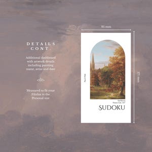 May include: A white dashboard insert for a Filofax Personal size, featuring a landscape painting within an arched frame. The insert is 3.7 inches wide and 6.7 inches tall, with the word "SUDOKU" at the bottom.