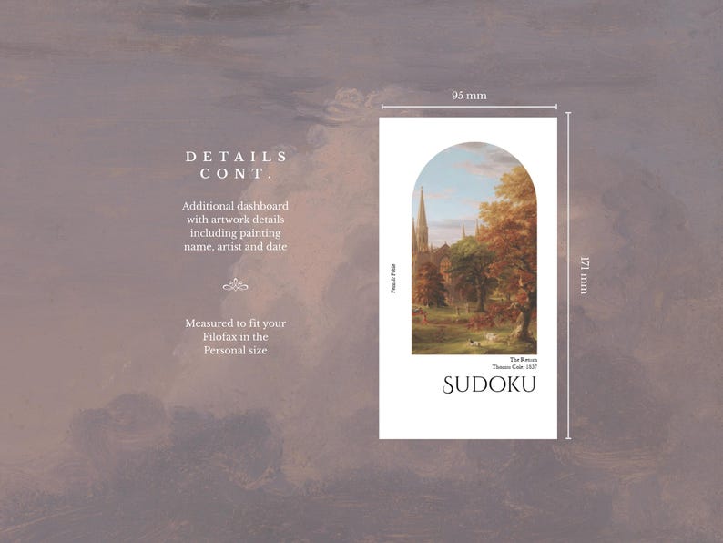 May include: A white dashboard insert for a Filofax Personal size, featuring a landscape painting within an arched frame. The insert is 3.7 inches wide and 6.7 inches tall, with the word "SUDOKU" at the bottom.