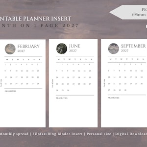 Puede incluir: Un inserto de planificador imprimible para 2027 con un diseño de un mes por página en tamaño personal, 95mm x 171mm. Las páginas blancas muestran calendarios para febrero, junio y septiembre con imágenes circulares, días de la semana y prioridades.