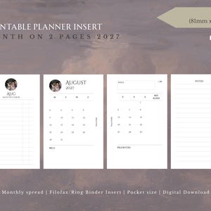 Puede incluir: Un inserto de planificador imprimible para 2027 con diseño de mes en dos páginas en tamaño bolsillo, que mide 81mm por 126mm. Las páginas blancas incluyen un calendario mensual, un índice mensual, una sección de enfoque, fechas clave y notas.