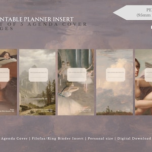 May include: A set of 5 printable agenda cover pages featuring classic art prints. Each cover showcases a different painting, including landscapes and figures. The covers are personal size, measuring 9.5cm x 17.1cm.