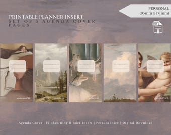 May include: Set of 5 printable agenda cover pages with classic art prints. Each cover features a different painting, including landscapes and figures. The covers are personal size, measuring 95mm x 171mm.