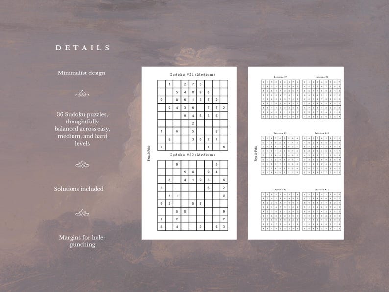 May include: A minimalist design featuring 36 Sudoku puzzles thoughtfully balanced across easy, medium, and hard levels. Solutions are included. The image shows the puzzles and the text "DETAILS".