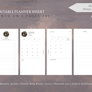 Puede incluir: Un inserto de planificador imprimible para 2027, tamaño personal 95mm x 171mm, con diseño de mes en dos páginas. Las páginas blancas incluyen un calendario para abril de 2027 y secciones para enfoque, notas, facturas y prioridades.