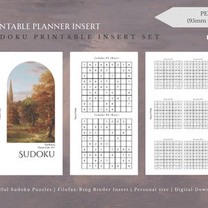 Op de afbeelding: Printbare planner insert set met Sudoku puzzels. De set bevat een omslag met een landschapsschilderij, Sudoku roosters en een PDF-pictogram. Het persoonlijke formaat is 95 mm x 171 mm.