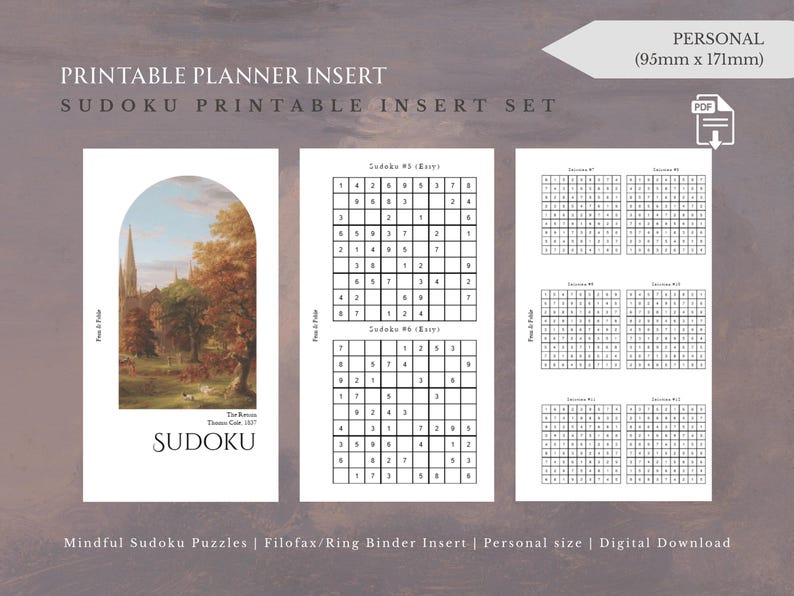 May include: Printable planner insert set featuring Sudoku puzzles. The set includes a cover with a landscape painting, Sudoku grids, and a PDF icon. The personal size is 95mm x 171mm.