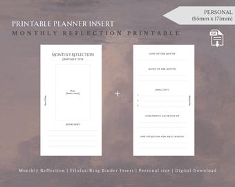 May include: Printable planner insert with "Monthly Reflection" text. The design includes two white pages with prompts for reflection, including "Song of the Month" and "Mood of the Month." The size is 95mm x 171mm.