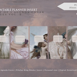 May include: A set of five printable planner insert agenda cover pages in personal size, measuring 95mm x 171mm. Each page features a classic fine art painting reproduction with a central rectangular label for text, presented as a digital PDF download.