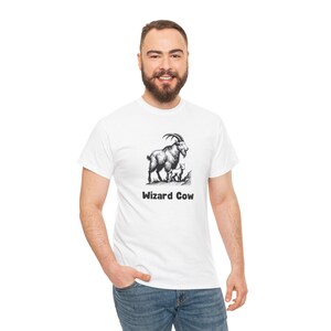 May include: White t-shirt with a black and white illustration of a goat and a kid. The text "Wizard Cow" is printed below the illustration.
