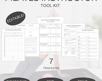 May include: A printable Pilates instructor toolkit with 7 trackers, including a class schedule, attendance register, client information form, and lesson plan. The toolkit is editable and can be downloaded and printed.