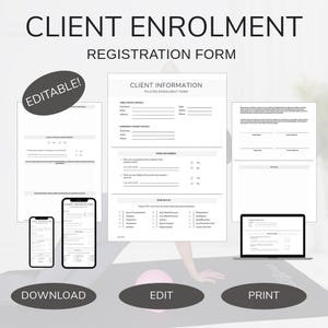 May include: A printable client enrollment form for Pilates classes. The form includes sections for client information, emergency contact details, work and hobbies, and health conditions. The form is editable and can be downloaded and printed.