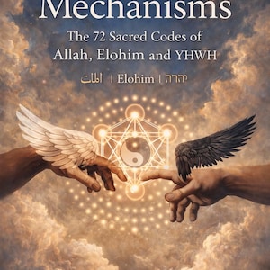 Può includere: Copertina del libro "Divine Mechanisms" con testo sui codici sacri di Allah, Elohim e YHWH. L'immagine presenta mani con ali, un disegno geometrico e il nome dell'autore, Mert Aren Lusevren.
