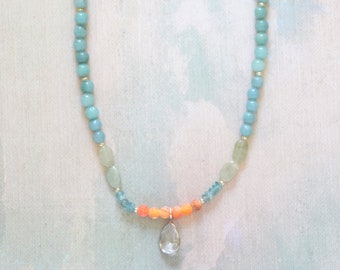Blue, orange, Karen Hill Tribe Sterling silver Beachy Necklace