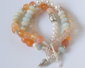 Fall orange, Karen Hill Tribe silver, aqua, green, Amazonite, Agate bracelet