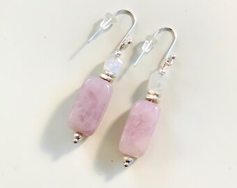 Pink Quartz, Moonstone, and Karen Hill Tribe silver earrings