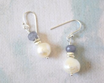 Gray Agate, Pearl, and Karen Hill Tribe Silver Earrings