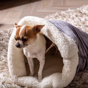 Plush Pet Sleep Sack, Wrap Cave, Snuggly bedding, Blanket for Dogs Cats, Dog Cave Bed, Warm Covered  Bed, Dog Burrow Bed, Dog Den Bed