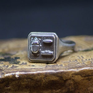 Puede incluir: Anillo plateado con una cara rectangular grabada con un escarabajo y símbolos jeroglíficos. El anillo está sobre una superficie marrón texturizada, con un fondo oscuro. El diseño del anillo sugiere un tema del antiguo Egipto.