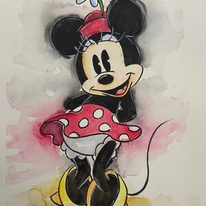 Opere d'arte fatta a mano in acquerello su carta di Milena B - idea regalo - Quadro decorativo Walt Disney 'Minnie in pink'