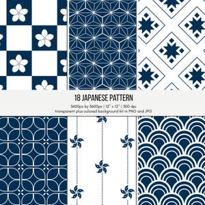 Japanese Seamless Patterns Pack, Indigo Wave, Sakura, Shippo Designs (Digital Download)