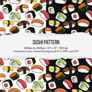 May include: Sushi pattern design featuring various sushi rolls on white and black backgrounds. The image includes text that reads "SUSHI PATTERN" and details about the image size and format.