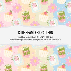 Może przedstawiać: Powtarzający się wzór z babeczkami z truskawkami, zielonymi napojami ze słomkami, kwiatowymi książkami i różowymi kwiatami na pastelowym tle. Wyświetlany jest tekst "CUTE SEAMLESS PATTERN". Wzór ma wymiary 30,48 cm x 30,48 cm.