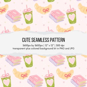 Könnte beinhalten: Ein sich wiederholendes Muster mit Illustrationen von Büchern, Croissants, Kaffeetassen mit Herzen und Herzen auf rosa Hintergrund. Der Text "CUTE SEAMLESS PATTERN" wird angezeigt. Das Muster ist 30,48 cm x 30,48 cm groß und in PNG- und JPG-Formaten erhältlich.