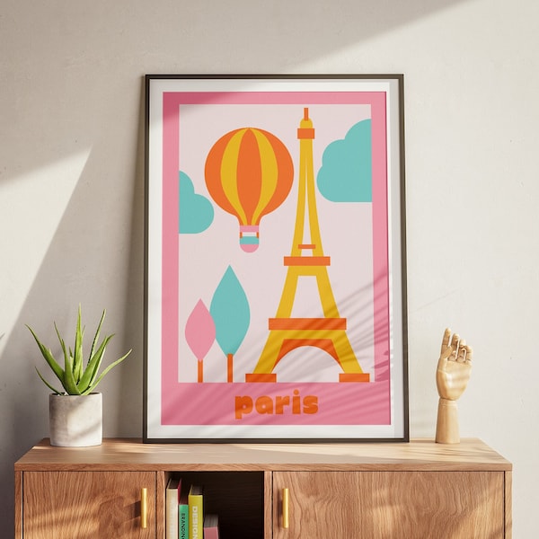 Trendy Retro Paris Wall Art | Colorful Paris France Landmark Poster | Eiffel Tower | Digital Download