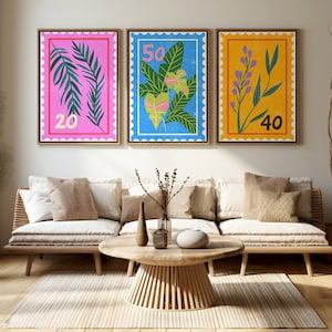 Juego de 3 arte de pared con sellos de flores | Pósteres de moda coloridos y originales | Descarga digital