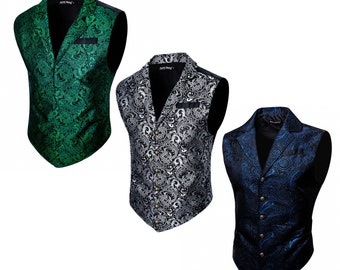 Women Men Waistcoat Victorian Vest Paisley Floral Navy Blue Grey Green Silk Jacquard Woven Designer Gilet Tuxedo Wedding Formal Cosplay Gift