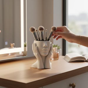 Sculptural Face Makeup Brush Holder, PLA 3D Printed Vanity Organizer