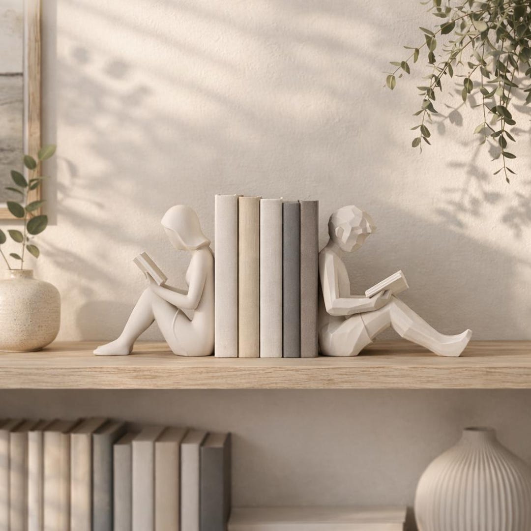 Reading Bookends, Modern Reader Statue, Minimalist Bookshelf Decor, Book Lover Gift - Set of 2, Beige