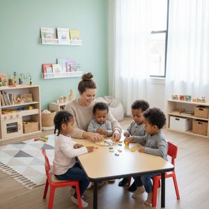 May include: A light-colored wooden table with a smooth surface, surrounded by four red chairs. On the table, there is a circular wooden board with small colorful letter pieces and a pair of tweezers, used for a learning activity by a group.