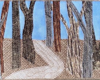 Forest Landscape - Small Quilt - Quilt Art-  Wall Art - Quilted Fabric Postcard - Landscape Art - Dad Gift - Unique Gift - Gift Under 20