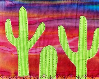 Desert and Cactus Fabric Art- Country Landscape - Small Quilt Art - Fabric Postcard -Modern Rustic Art - Housewarming Gift - Southwestern
